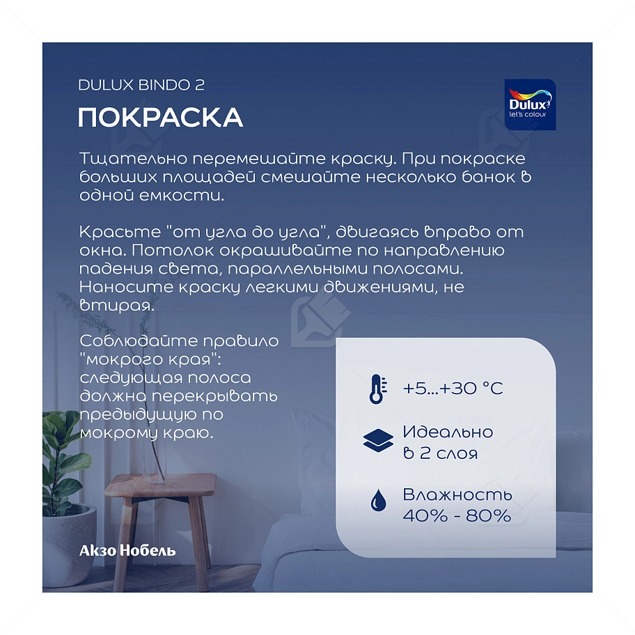 Краска для потолков латексная Dulux Professional Bindo 2 глубокоматовая белоснежная 2,5 л.