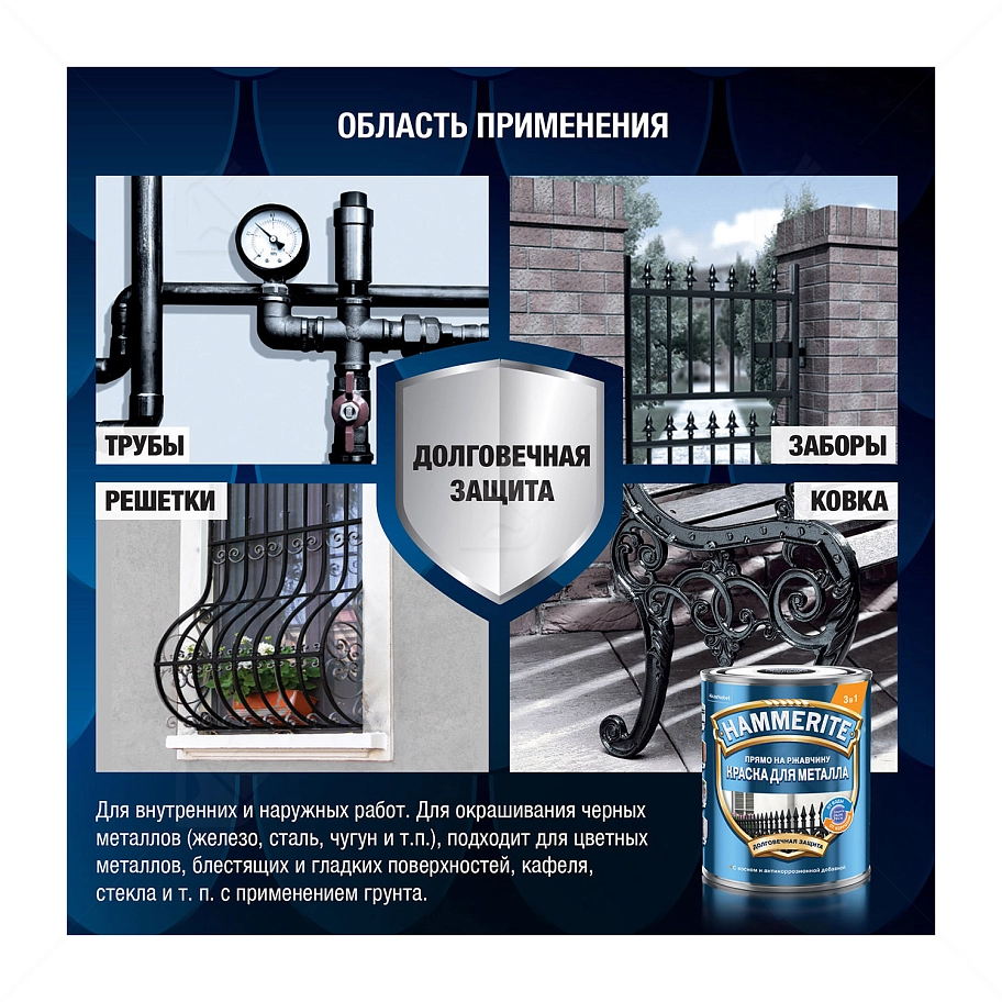 Краска для металлических поверхностей алкидная Hammerite гладкая черная RAL 9005 5 л