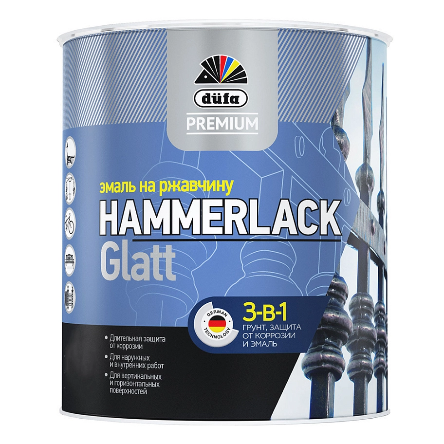 Эмаль на ржавчину Dufa Premium Hammerlack 3-в-1 гладкая RAL 9006 серебристая 2,5 л.