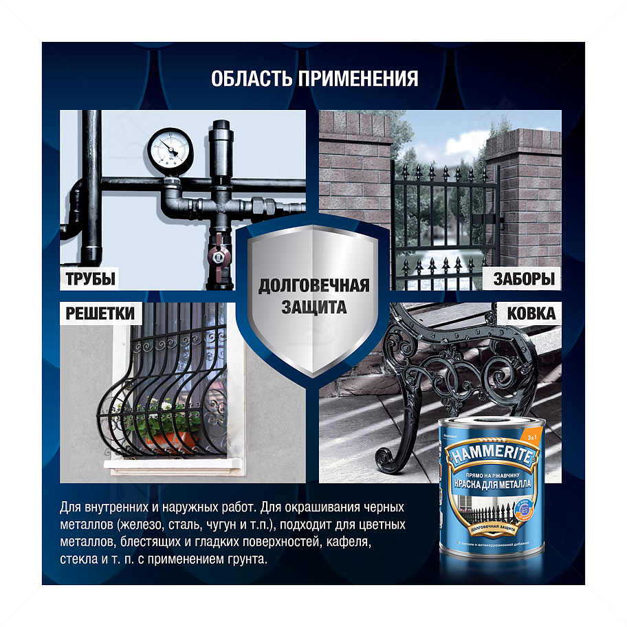Краска для металлических поверхностей алкидная Hammerite гладкая RAL 9005 черная 0,75 л.