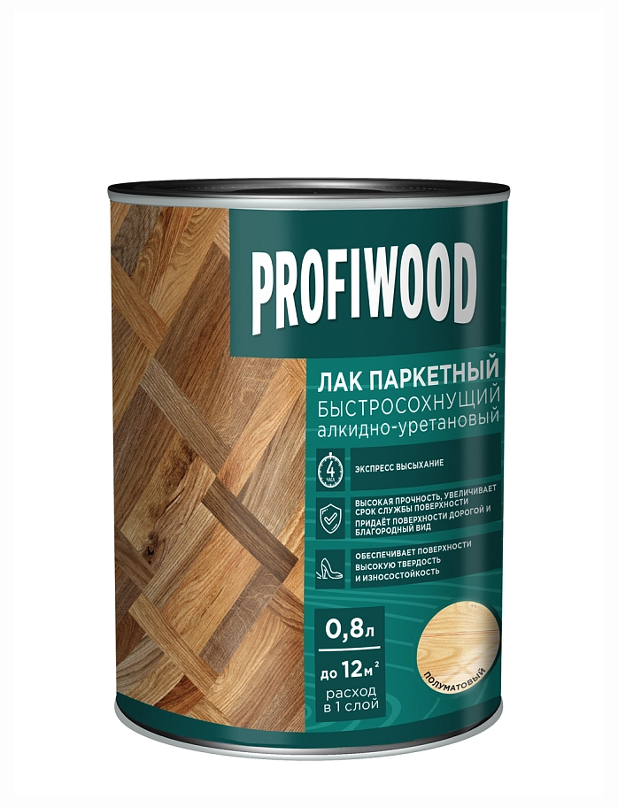 Лак паркетный быстросохнущий алкидно-уретановый Profiwood полуматовый прозрачный 0,8 л
