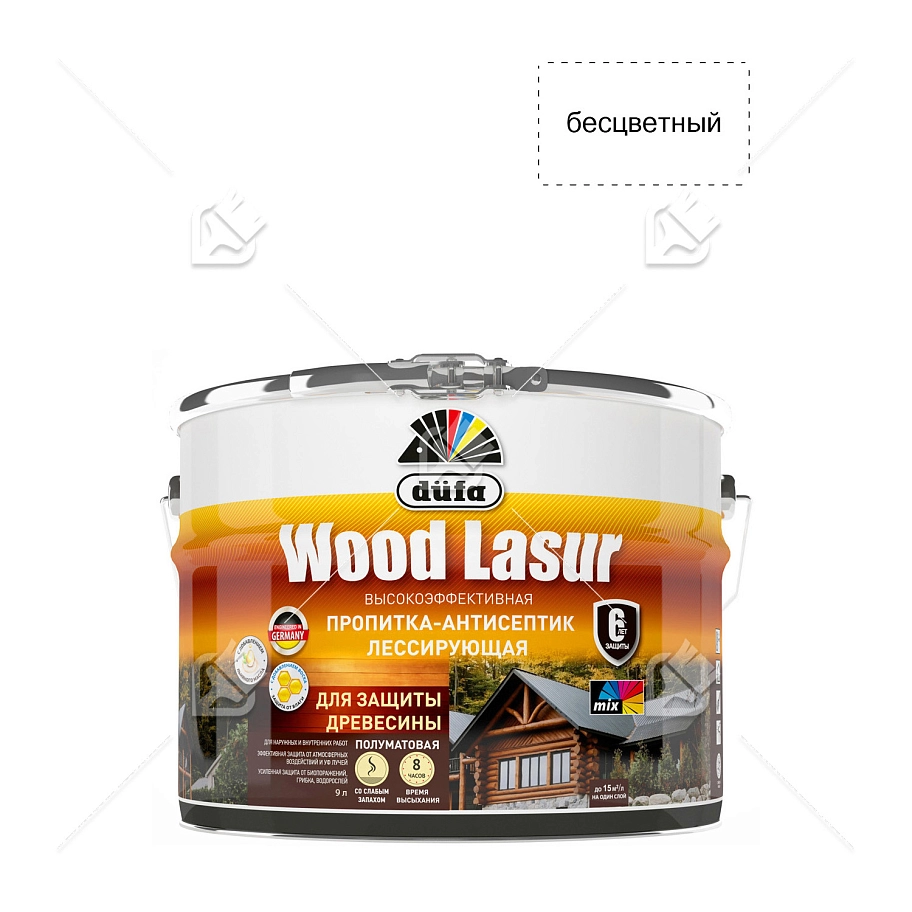 Пропитка лессирующая для защиты древесины Dufa Wood Lazur бесцветная 9 л