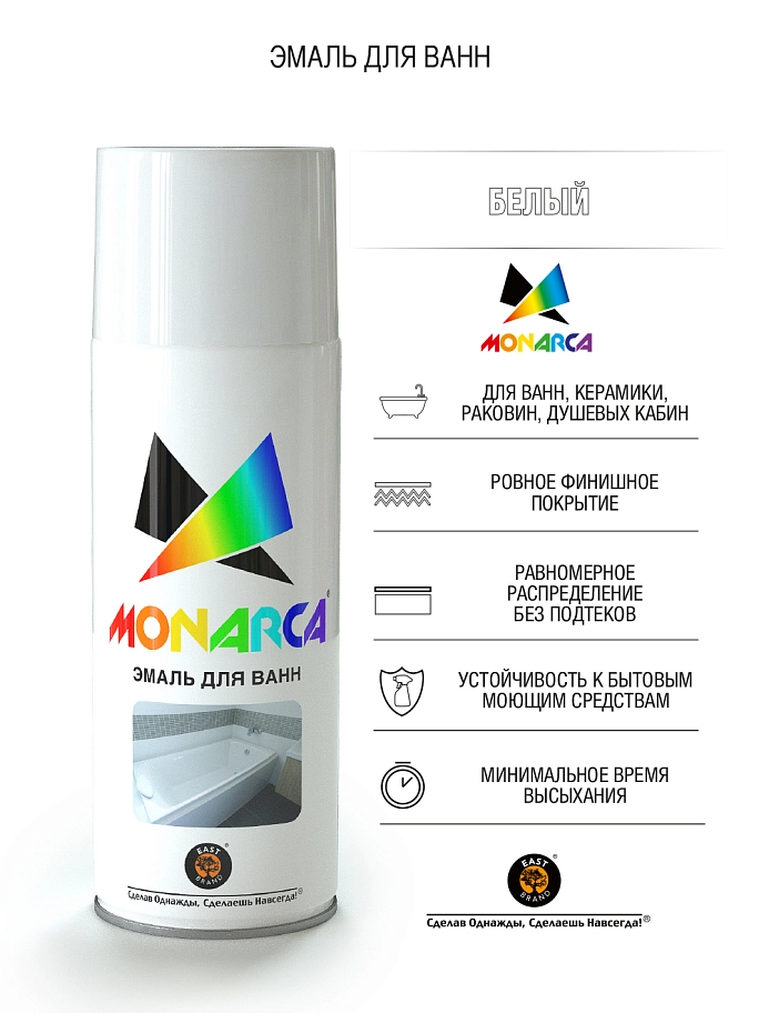 Эмаль для ванн аэрозольная Eastbrand Monarca глянцевая белый 520 мл.
