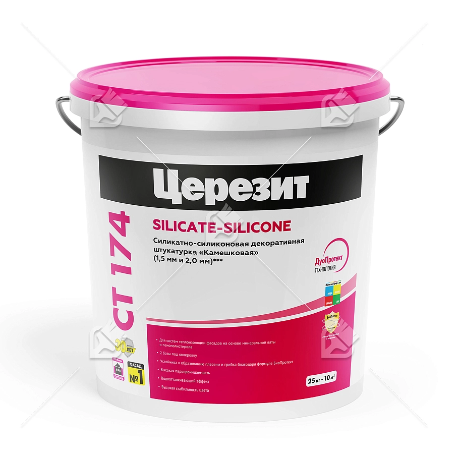 Штукатурка декоративная силикатно-силиконовая Церезит СТ 174 камешковая 1,5 мм база 25 кг