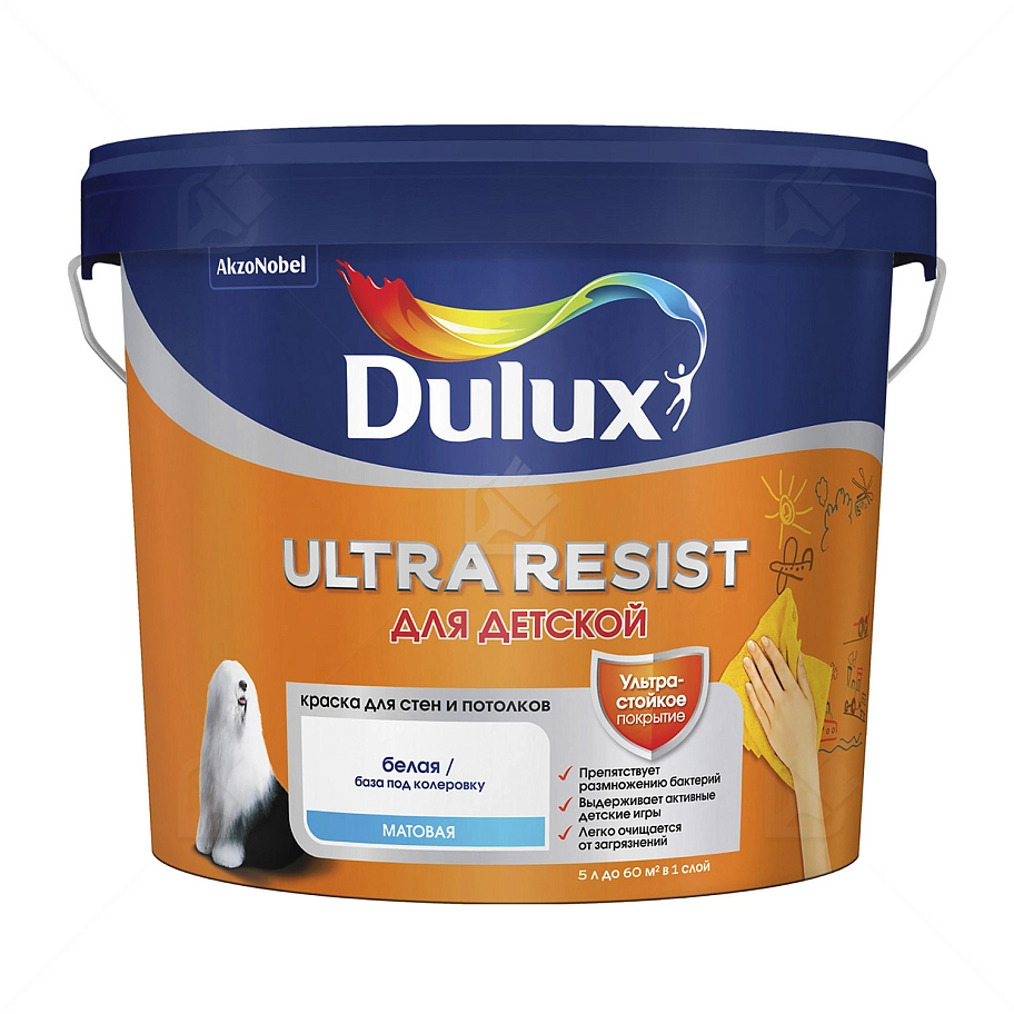 Краска для стен и потолков латексная Dulux Ultra Resist Для детской матовая база BW 5 л.