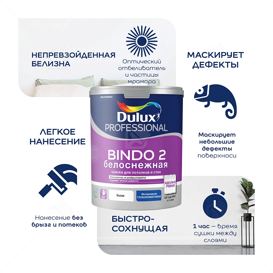 Краска для потолков латексная Dulux Professional Bindo 2 глубокоматовая белоснежная 9 л.